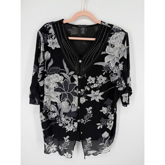 Appointments Tops - VTG Appointments Floral Mesh Blouse Women 3X Black Rhinstone V-Neck Top Y2K